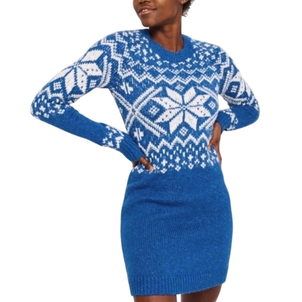 ABERCROMBIE Knit Sweater Dress Apres Ski Blue White Snowflakes Fair Isle Medium